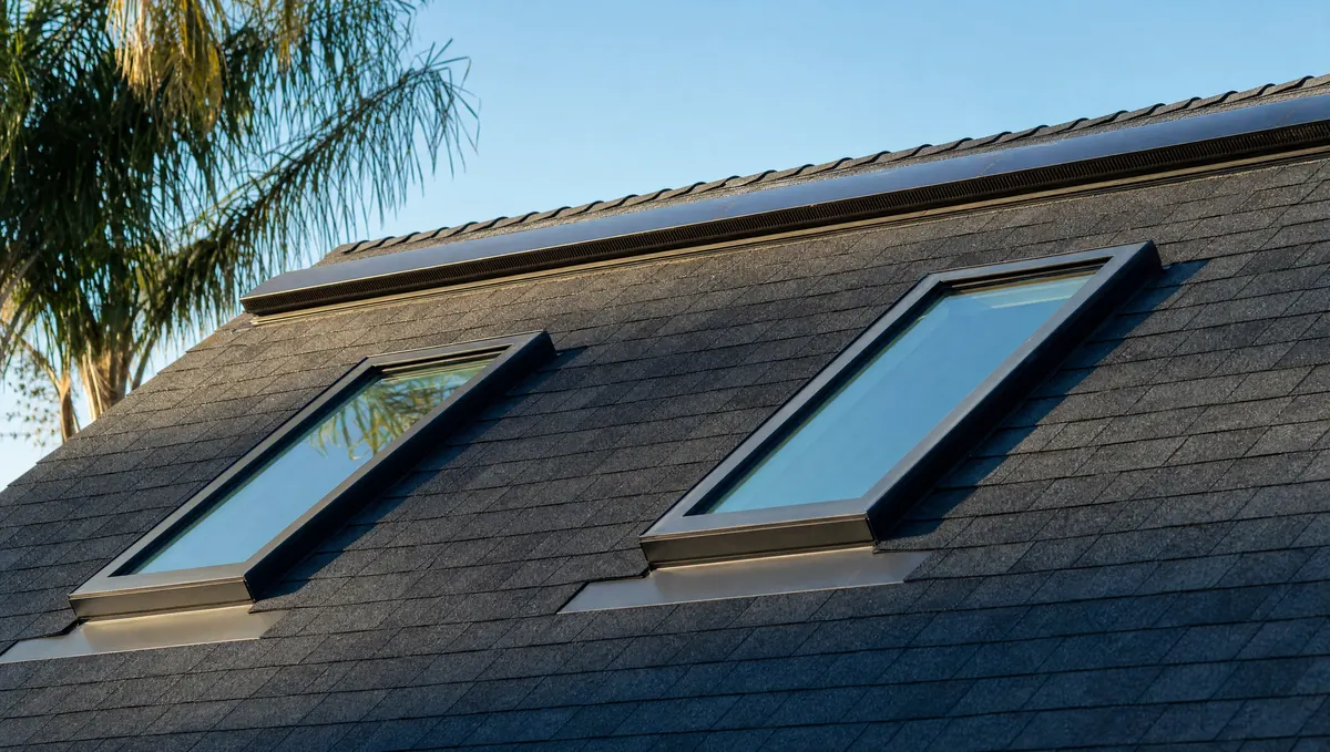 Two newly installed skylights and a ridge vent on a shingle roof