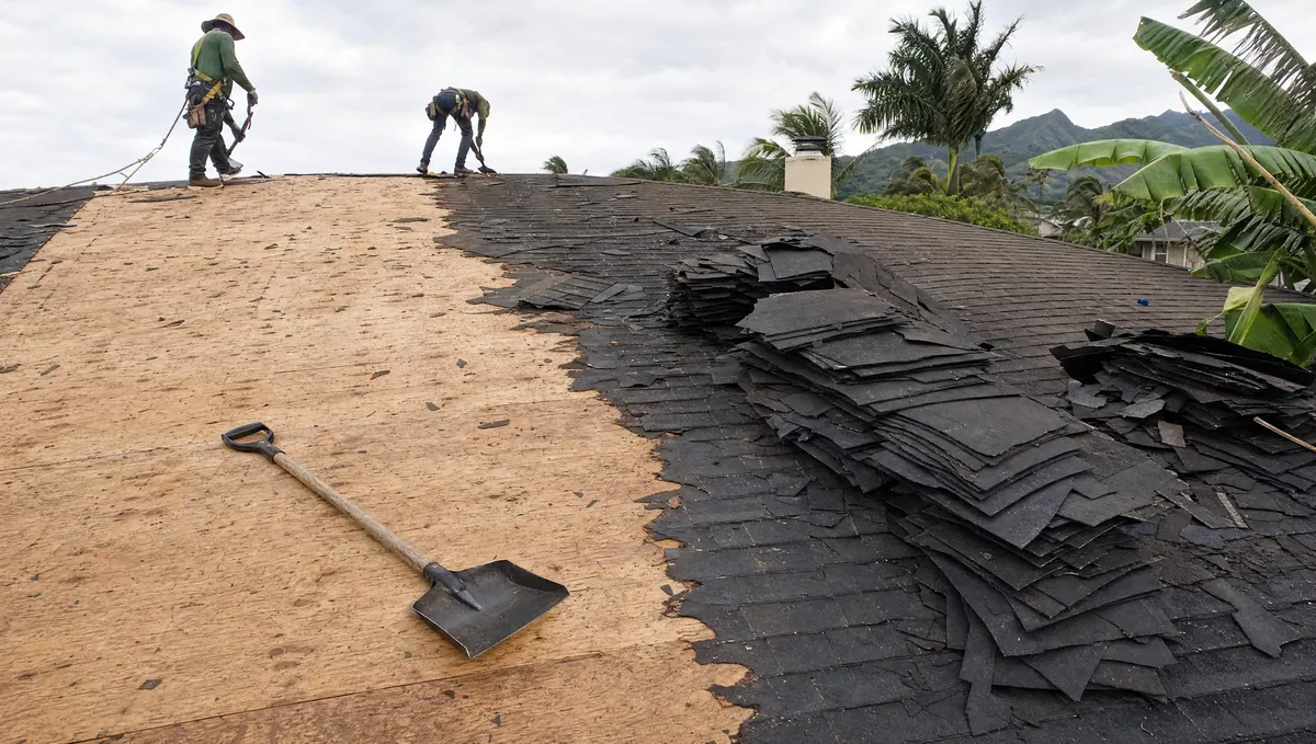 Roofing crew stripping old shingles down to bare deck on a Maui home