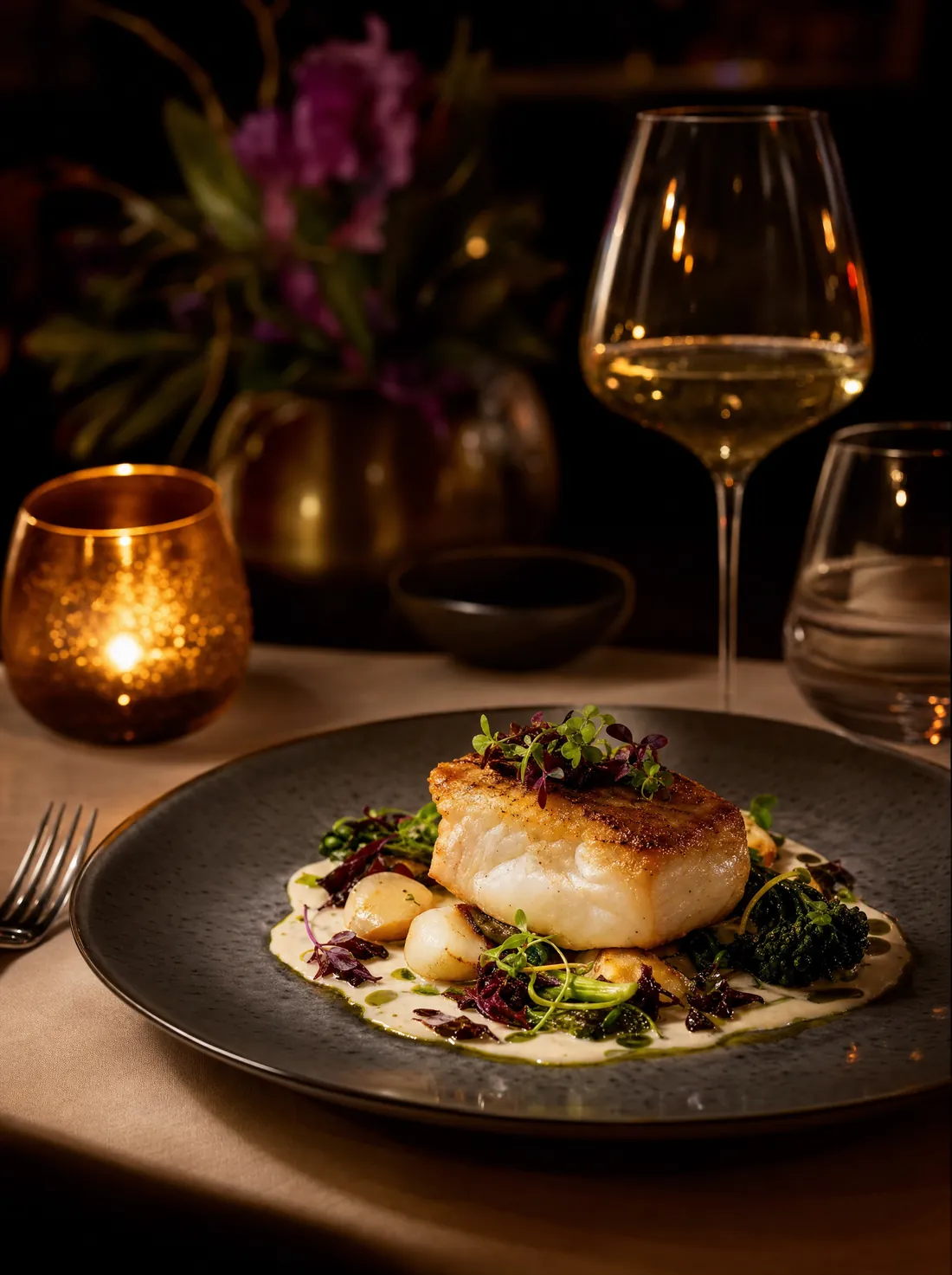 An elegant plated course served at a candlelit table