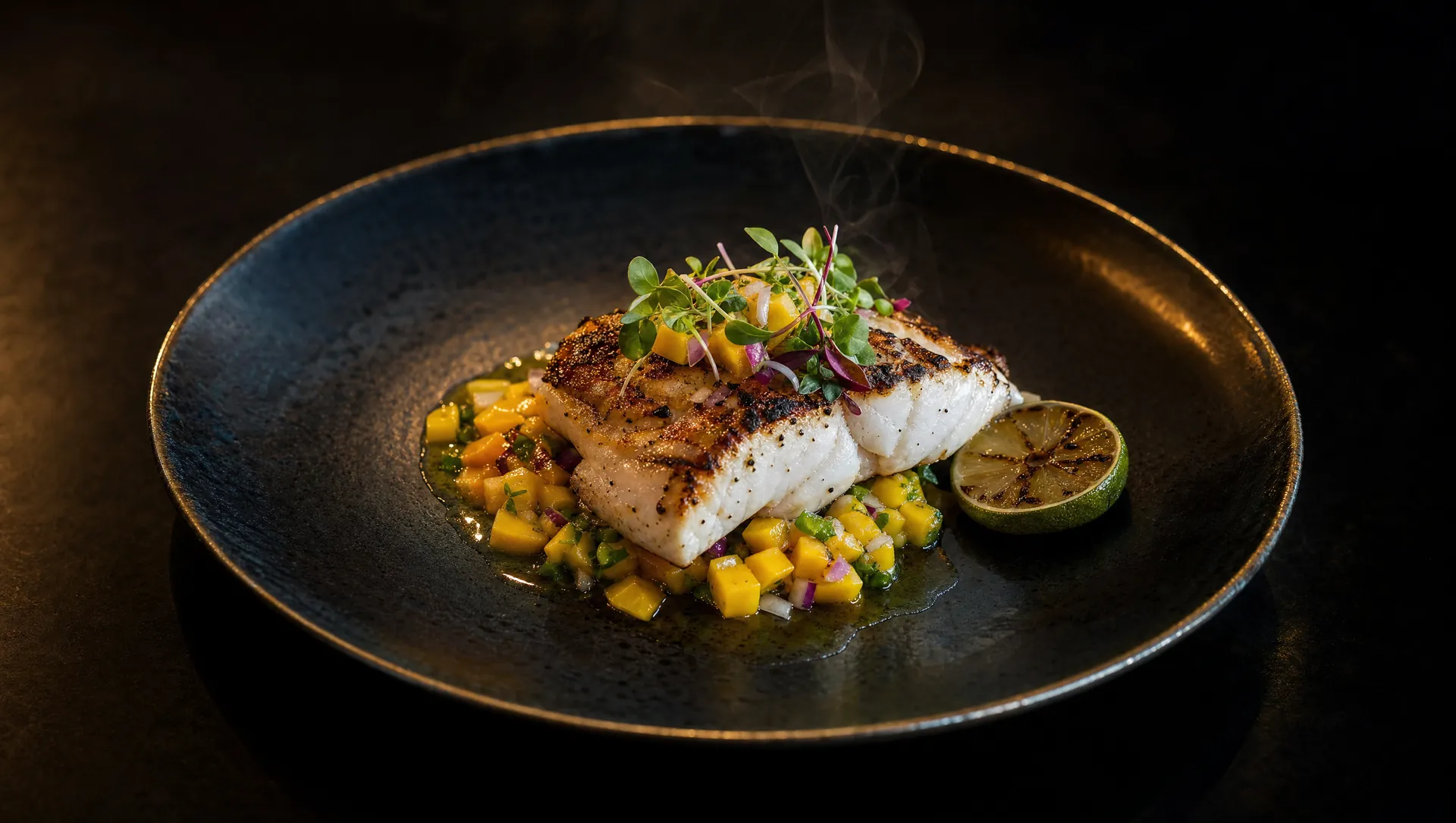 Seared island fish plated with fresh relish at Kaimana Kitchen