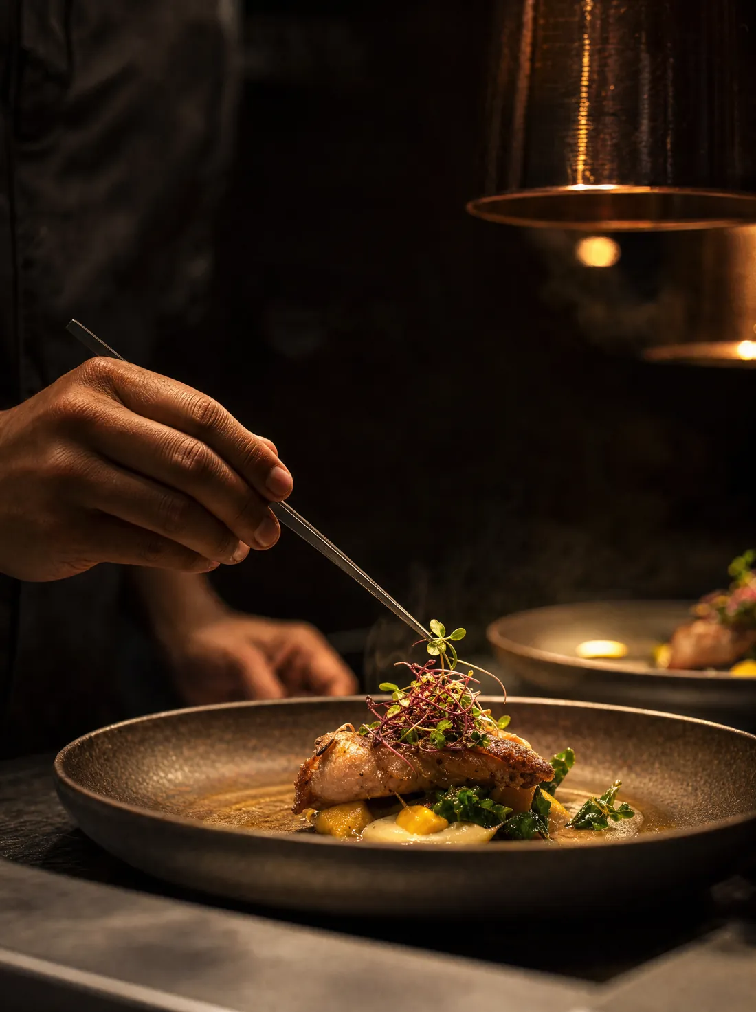Chef plating a course under warm copper heat lamps