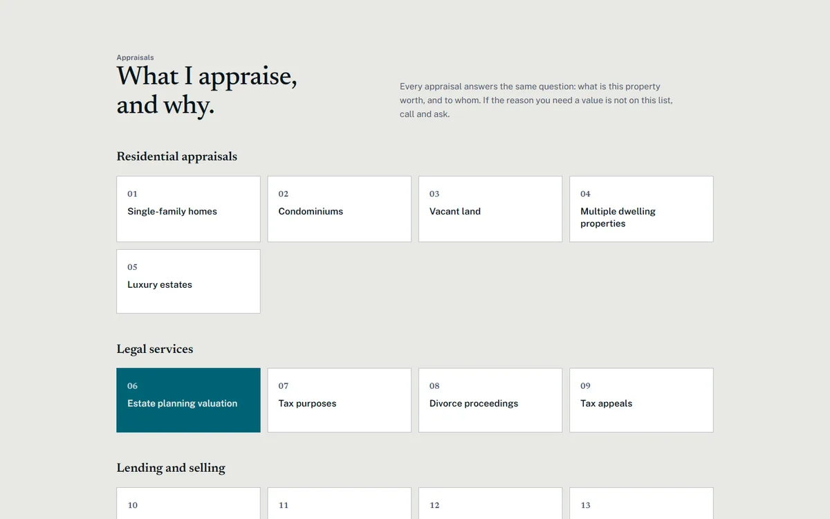 The A Maui Appraiser What I appraise section, listing the kinds of appraisal she does
