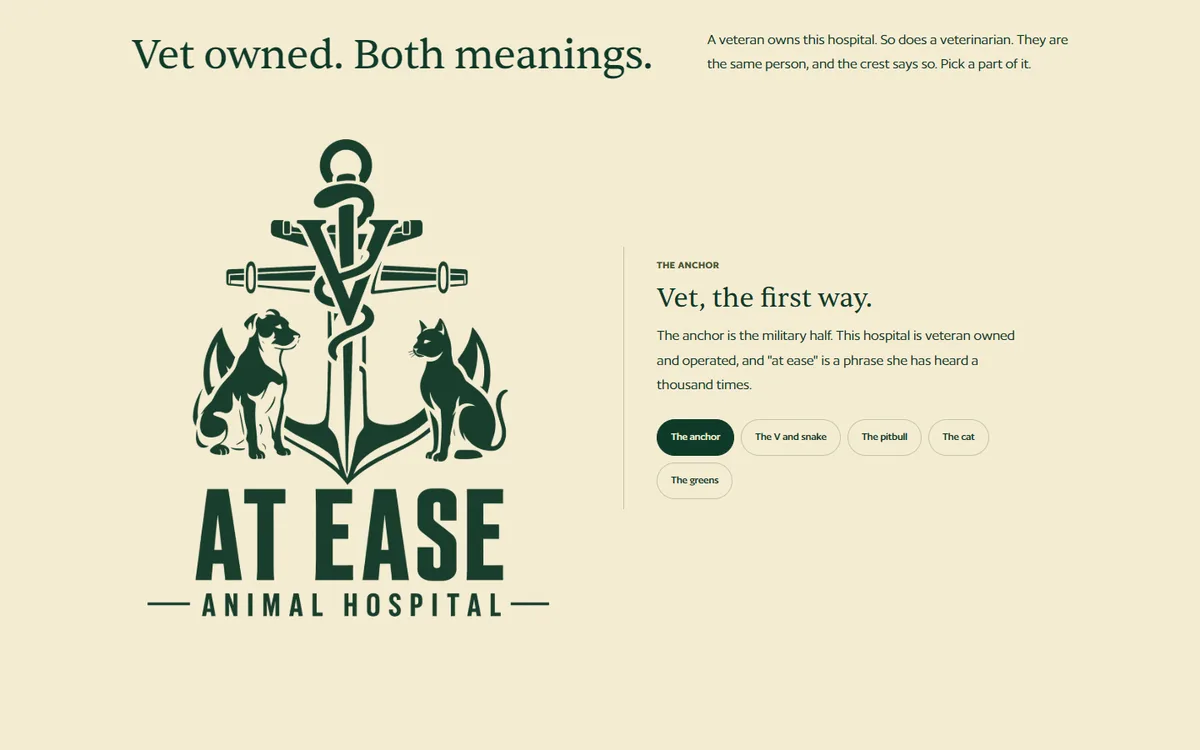 The At Ease Animal Hospital anchor crest logo, with the line Vet owned. Both meanings.