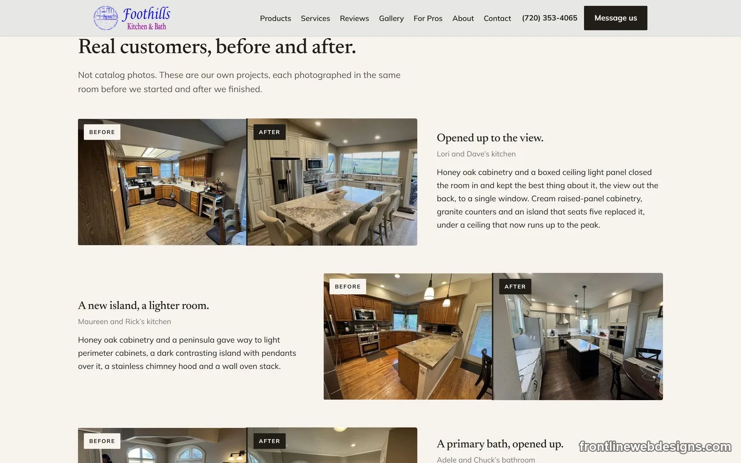 Before and after photos of real customer kitchen remodels on the new site