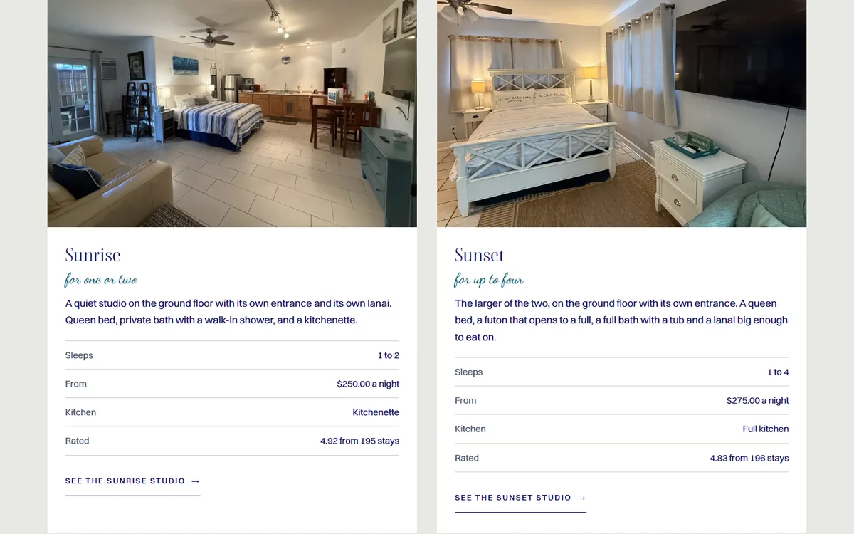 The Hale Nihi Sunrise and Sunset studio cards, each with a room photo, its nightly rate and its guest rating