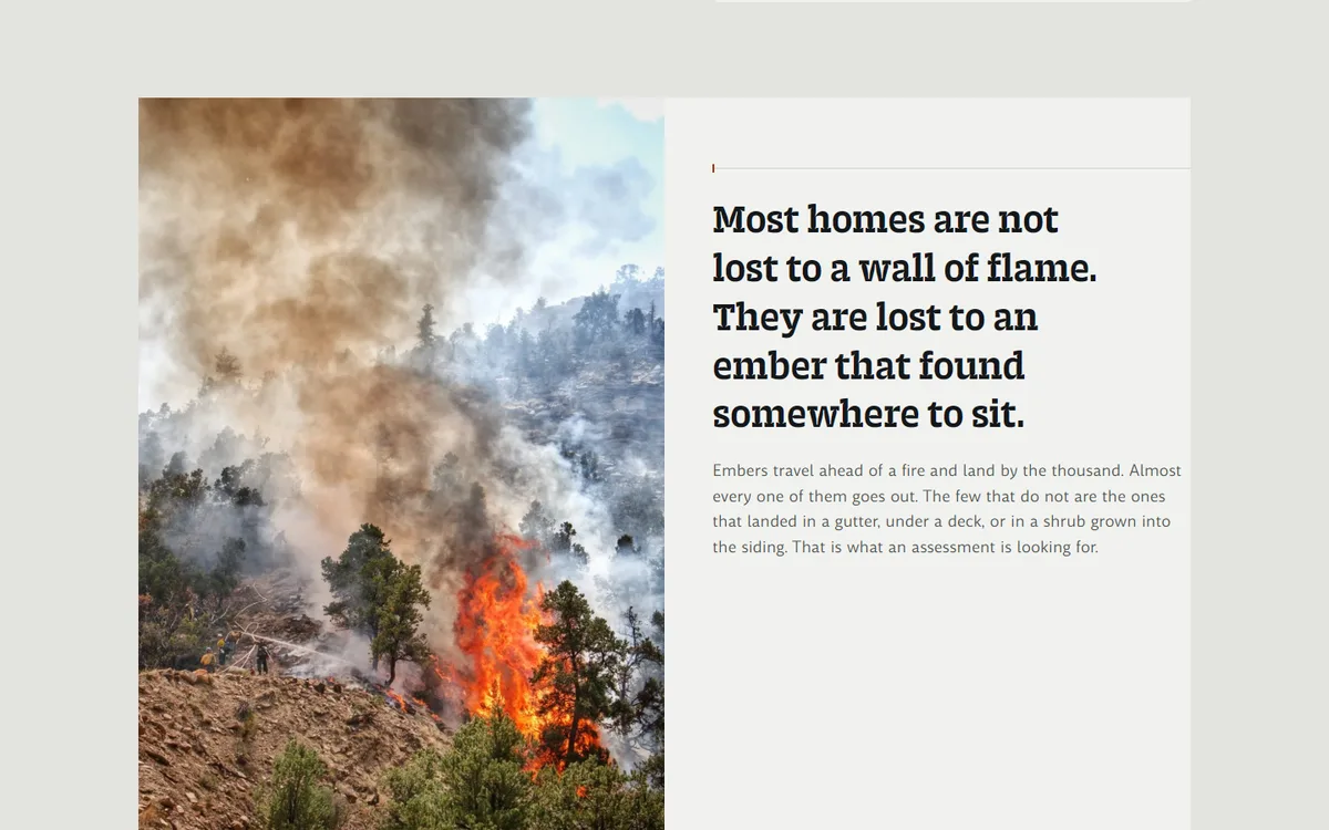 A section of the Kia‘i Fire Services site, with a wildfire photo beside the line Most homes are not lost to a wall of flame