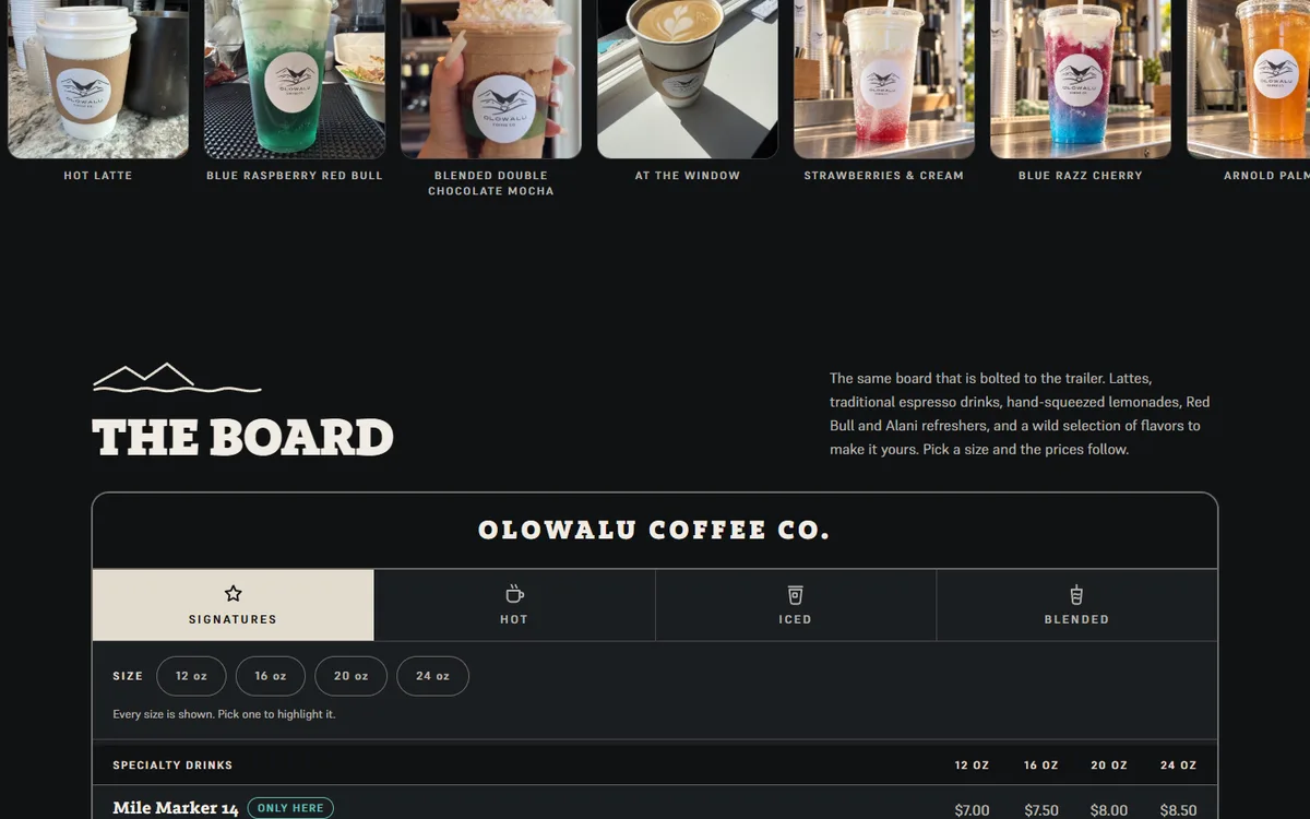 The Olowalu Coffee Co menu board, with a size picker and the specialty drinks