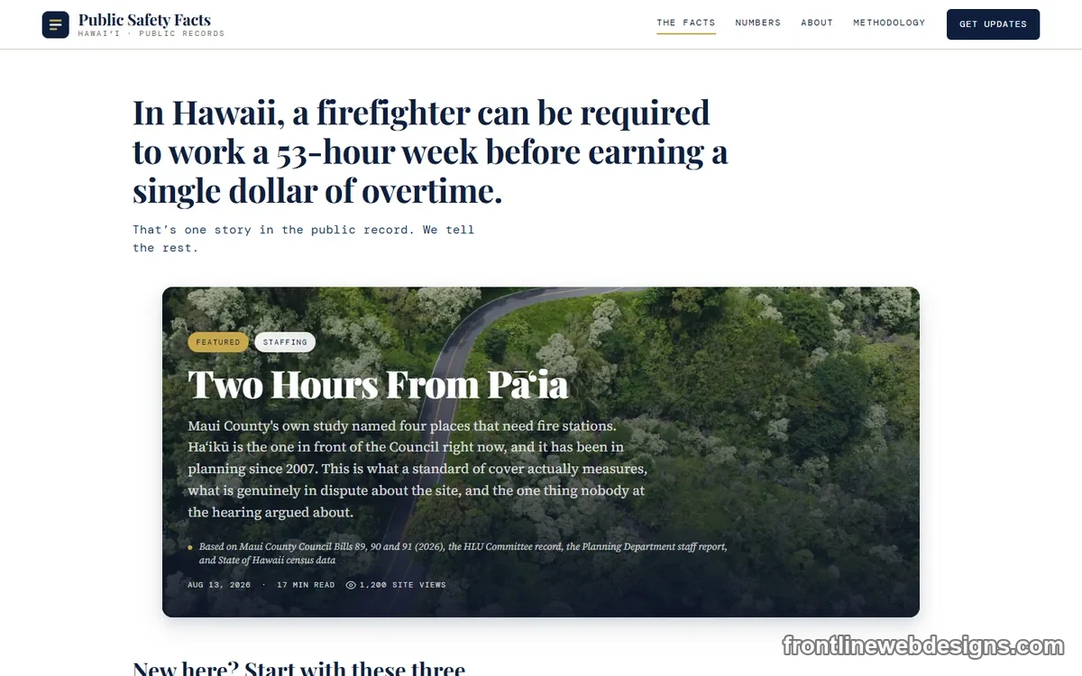 Public Safety Facts Hawaii home page, with a featured article on Maui fire station coverage